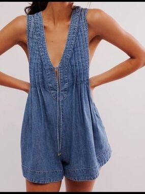 Free People Sleeveless Rain Wash Denim Romper
